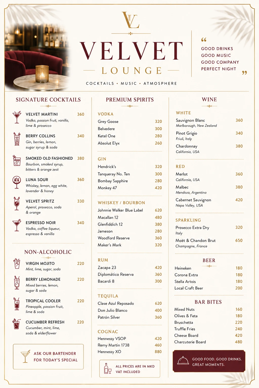 velvet menu